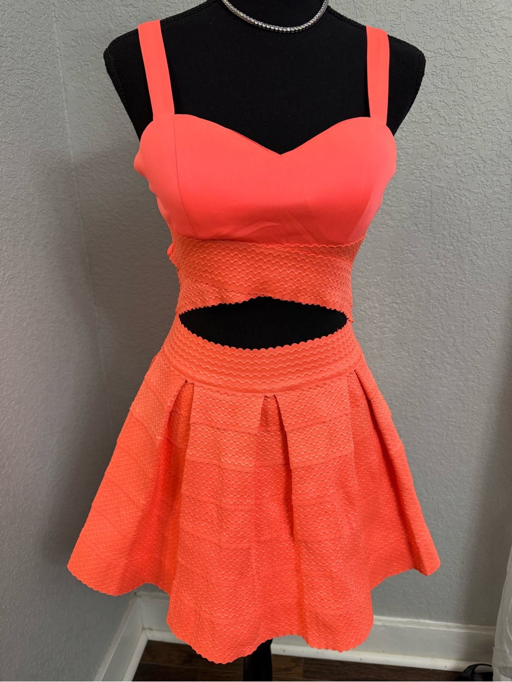 Sleeveless Coral Cutout Structure Mini Dress Padded Breast Cups.